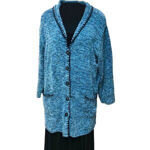 Denim & Co.QVC Long Sweater Coat Women's 1X Button Front Blue‎ Tweed Whipstitch